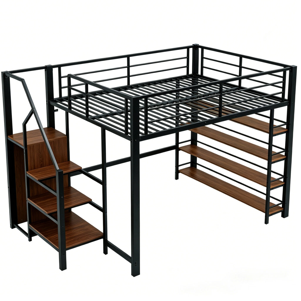 Letto a soppalco 140x200 cm con scala contenitore in MDF e metallo nero