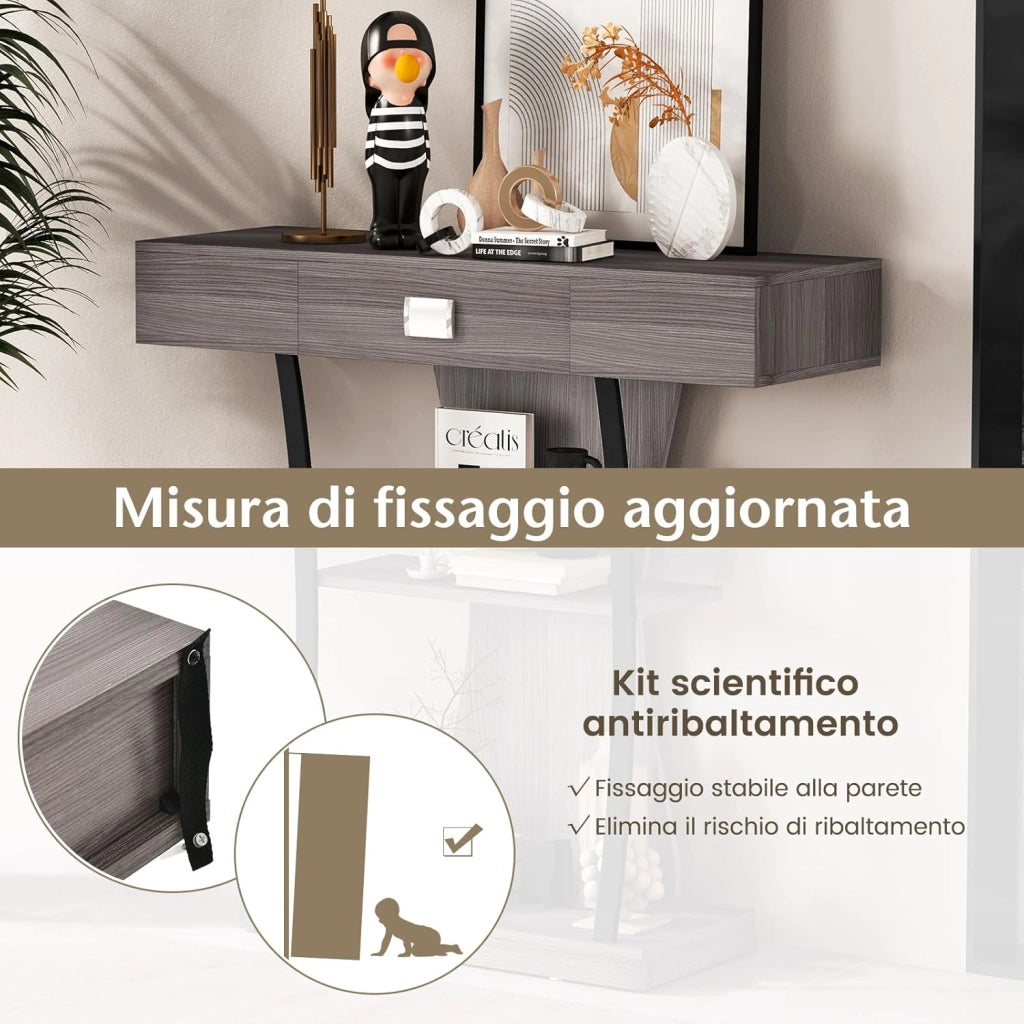 Consolle in Legno con Cassetti, Tavolo Ingresso con Ripiani e 2 Kit Anti-ribaltamento, Multiuso e Salvaspazio per Salotto, Camera da Letto e Corridoio, 91 x 30 x 88 cm (Grigio)