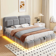 Letto imbottito 140x200 cm con contenitore idraulico e LED; velluto; grigio