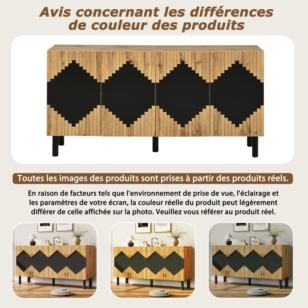 Credenza e madia con 4 ante push-open e 4 vani, per soggiorno, in MDF e truciolare, naturale nero, 140 × 40 × 70 cm