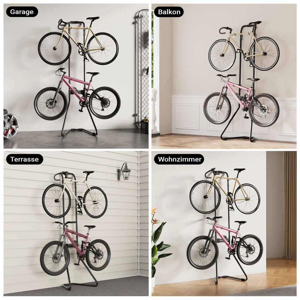 Portabici universale per 2 biciclette 66,5 x 55,8 x 219 cm, portabiciclette autoportante, supporto bici regolabile in altezza