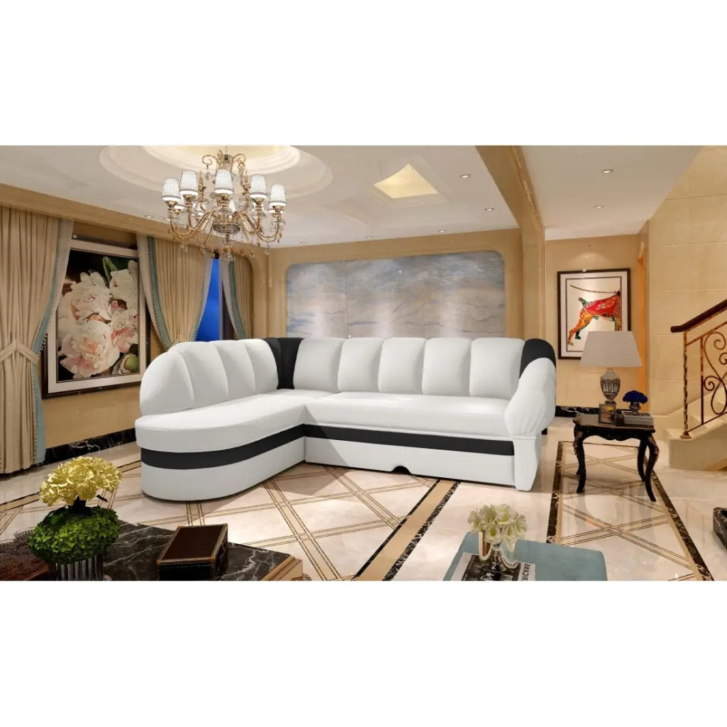 Divano angolare sinistro trasformabile BENANA 250 cm bianco e nero con contenitore