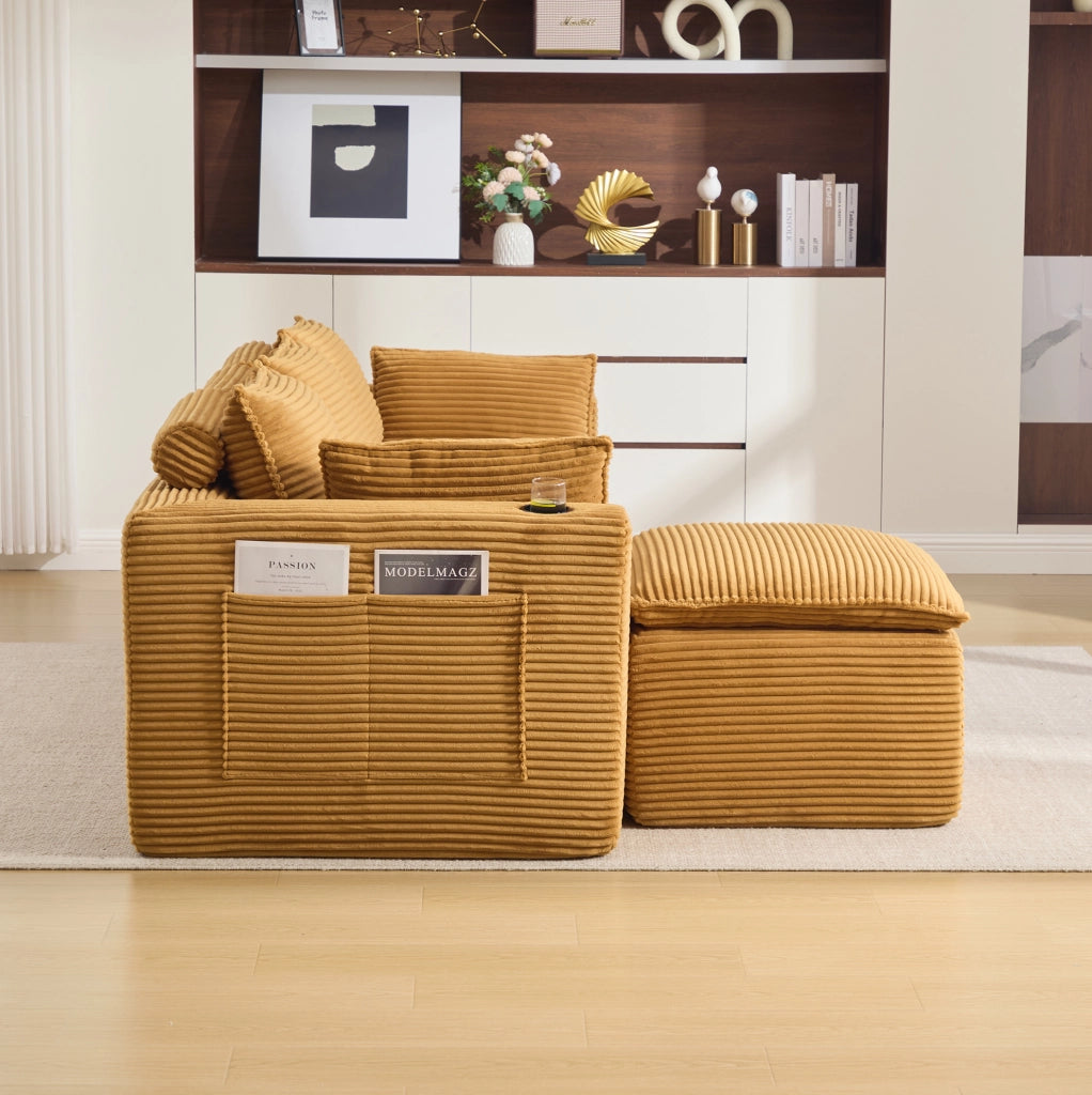 Divano modulare 3 posti con pouf in velluto a coste arancione HAVRYA