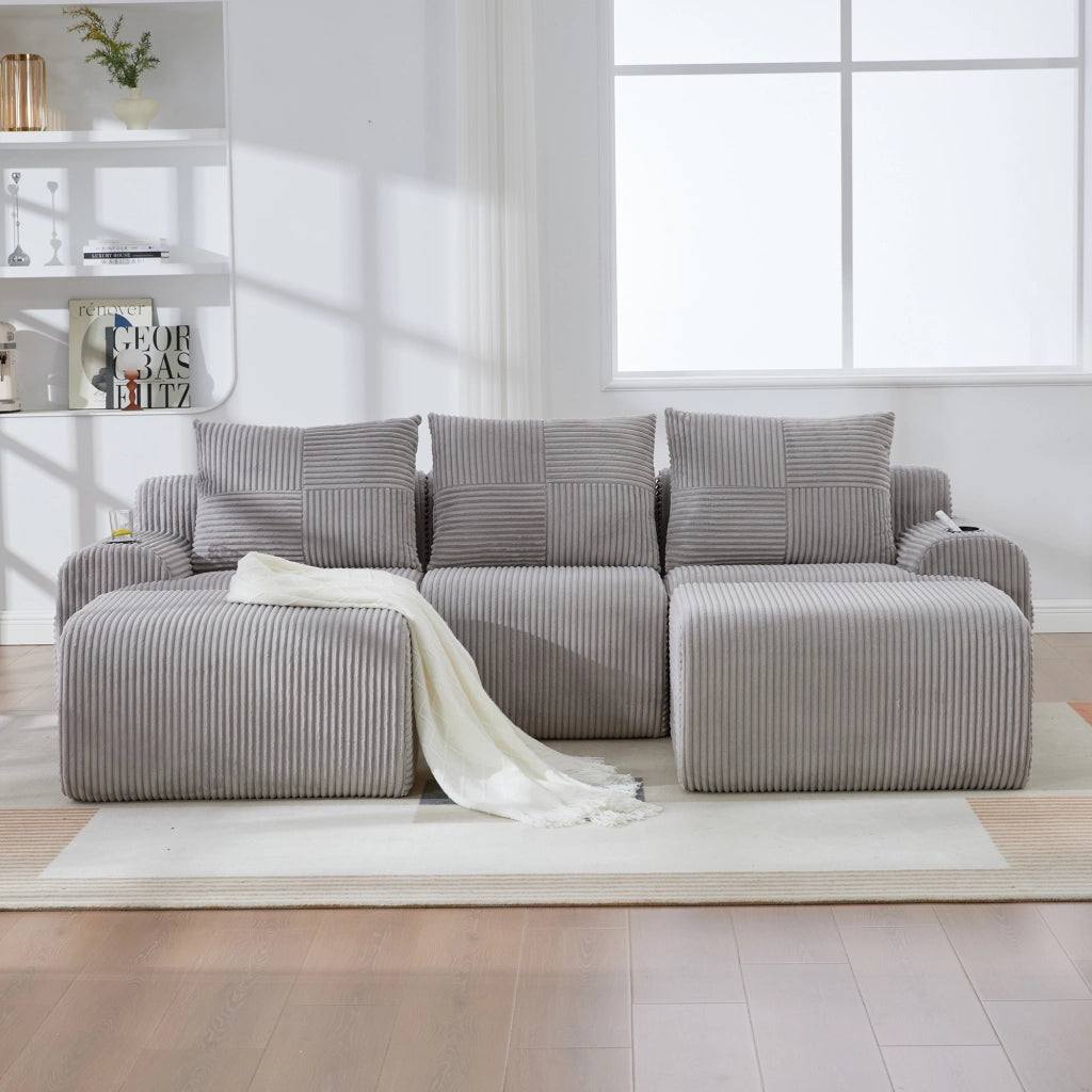 DIVANO modulare 3 posti 268x174x80 cm tessuto a coste grigio chiaro