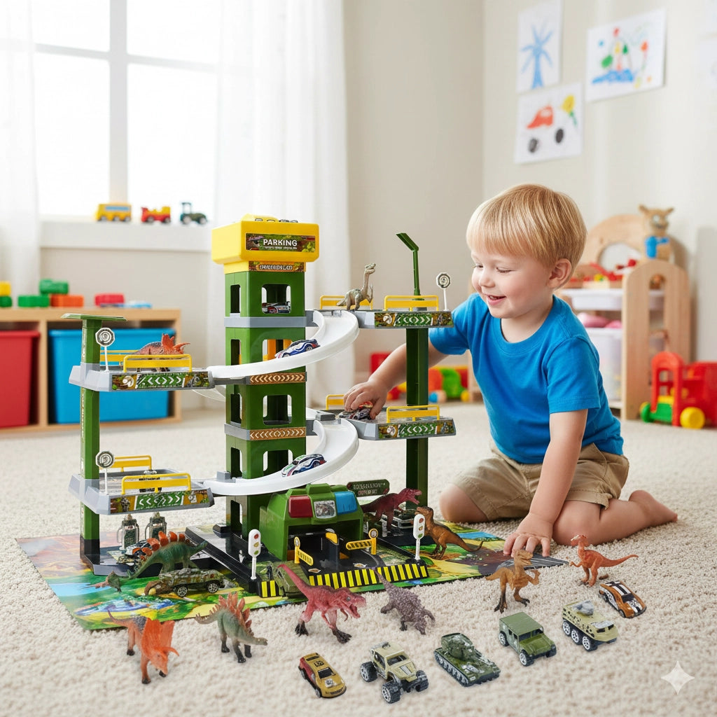 Garage GiocattoloMultilivello per Bambini con Dinosauri e Auto 5 Piani Multicolore