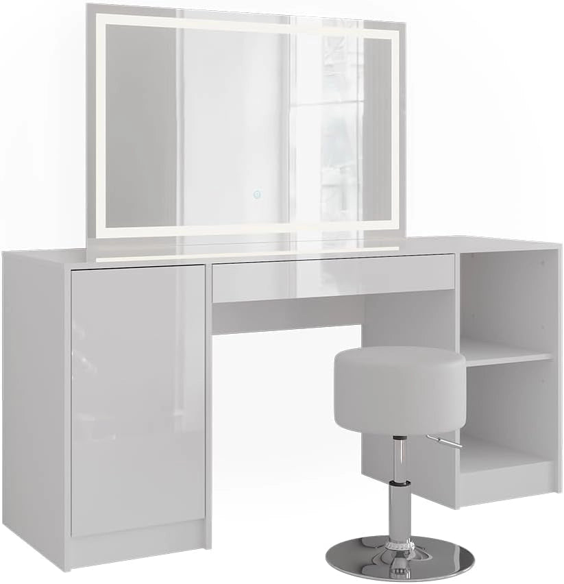 Tavolo da toeletta Sherry, Bianco/bianco lucido, 158.2 cm con specchio LED e sgabello