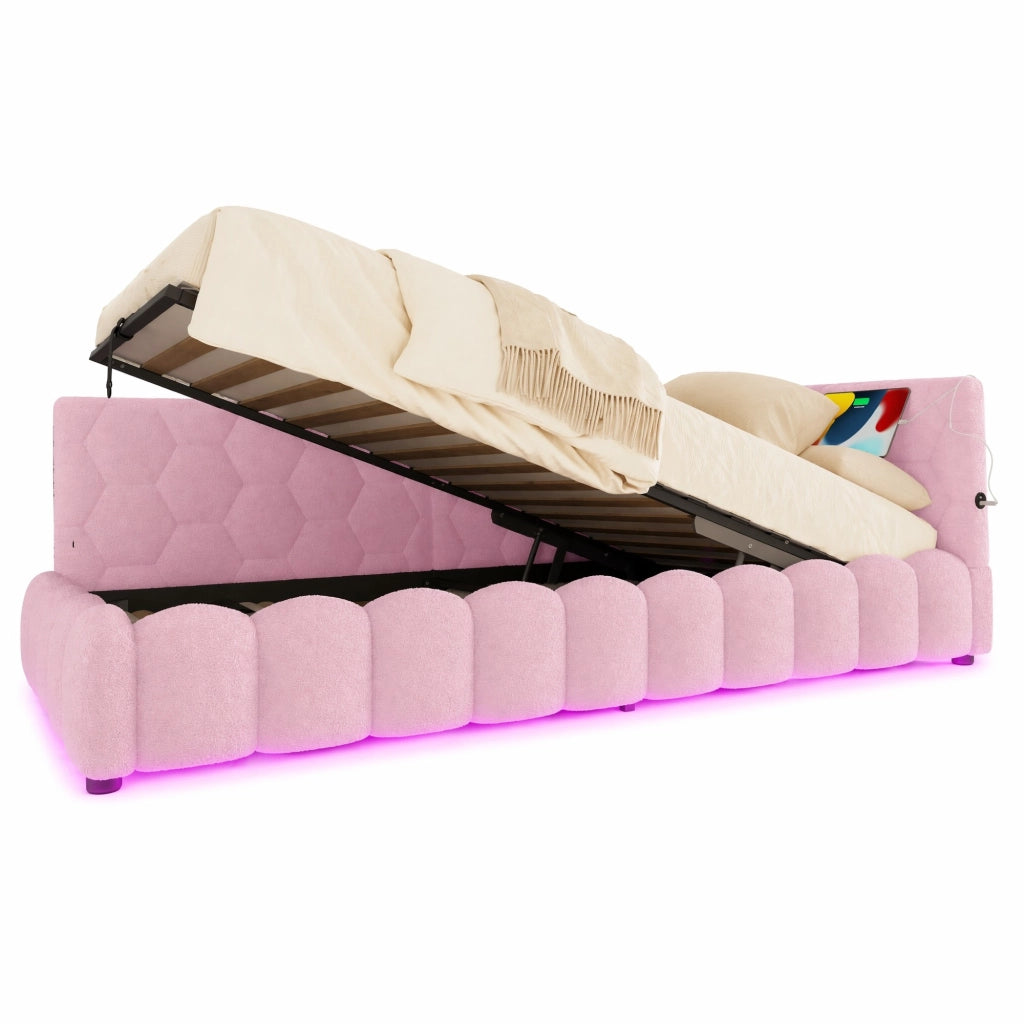 Letto singolo 90 ¡Á 200 cm con rete a doghe vano contenitore idraulico LED USB e Type-C rosa