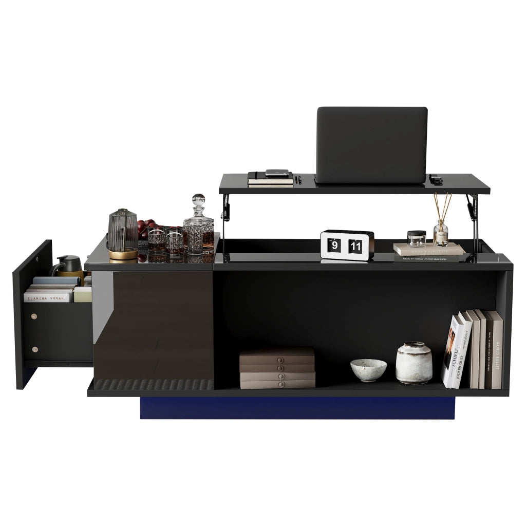 Tavolino da Salotto Reclinabile Idraulico con 1 Cassetto; Vano Nascosto e LED Bluetooth; Lucido; in Pannelli di Truciolare; 100×50×40 cm; Nero