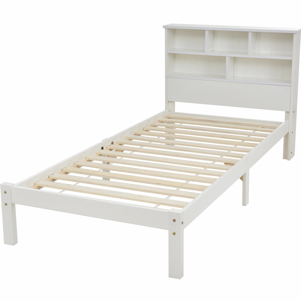 Letto singolo con testiera libreria e contenitore; 90x200 cm; pino massello e MDF; bianco
