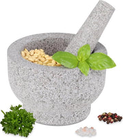 Stampa erba aromatica a forma rotonda - 10 x 15 cm - mortaio pesante in granito - grigio.