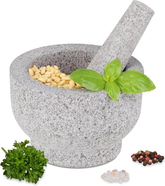 Stampa erba aromatica a forma rotonda - 10 x 15 cm - mortaio pesante in granito - grigio.