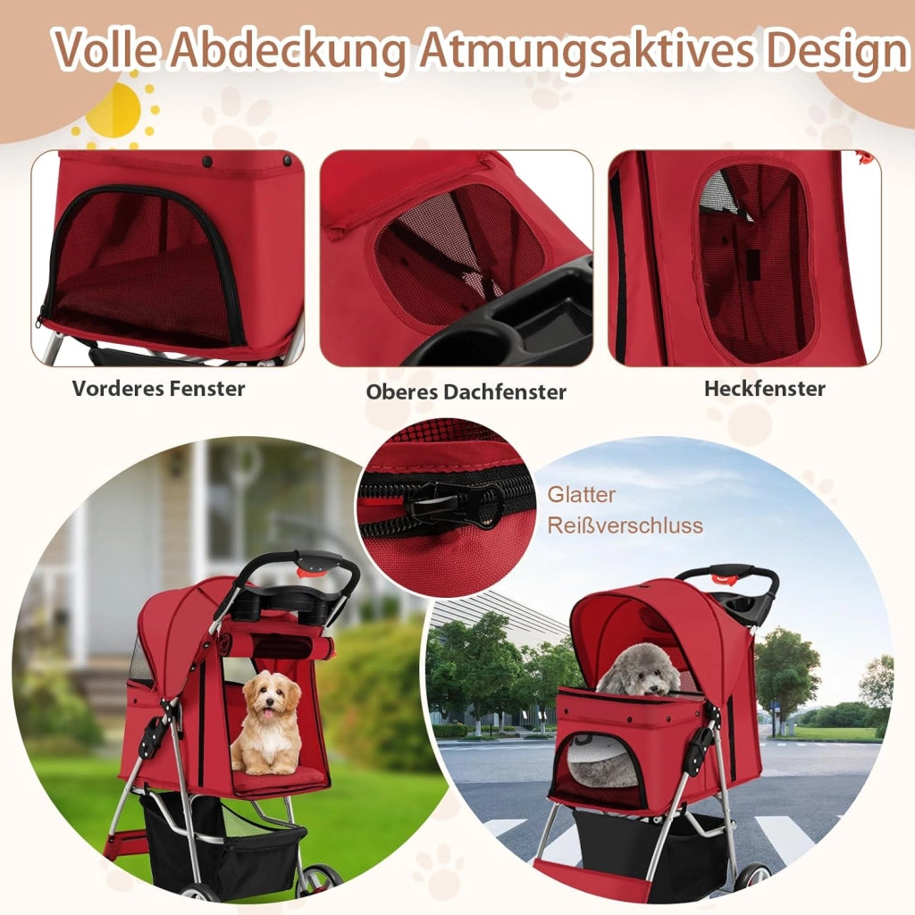 Passeggino per Cani e Gatti Pieghevole Fino 15 kg, Carrello per Animali Domestici, Trasportino Carrozzina Portatile da Viaggio e Passeggio con Tettuccio per Cuccioli, 87 x 46 x 102 cm (Rosso)