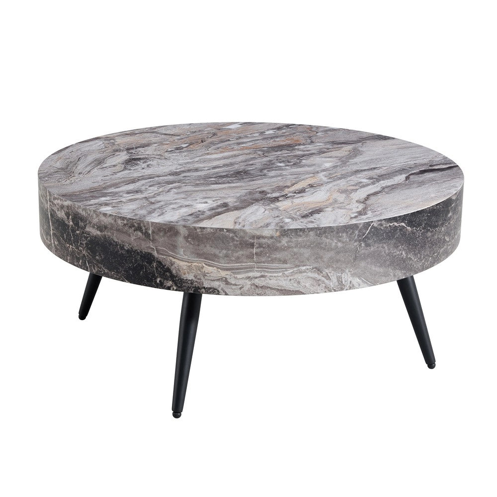 Tavolino da Caff¨¨ Rotondo ¨C MINIMAL ¨C Effetto Marmo Grigio, Gambe in Metallo Nero, ?70 cm
