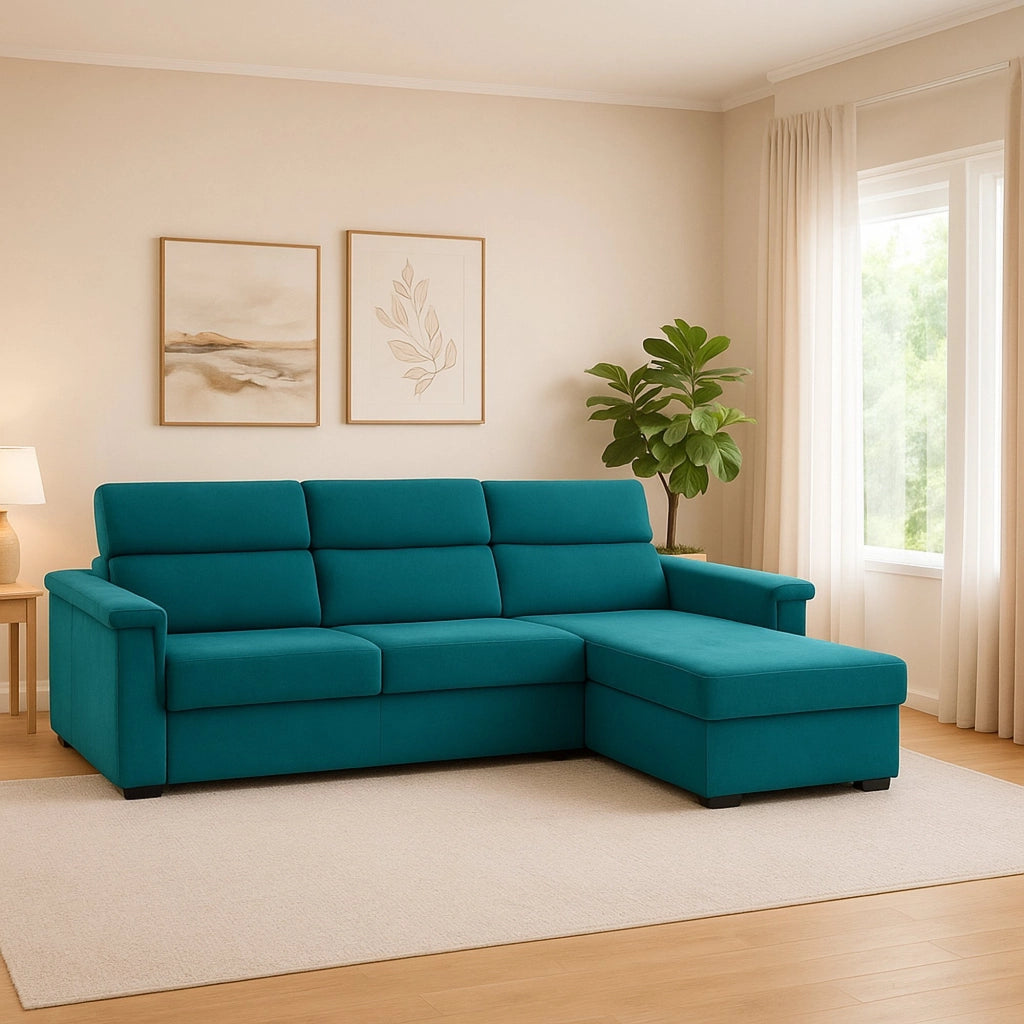 Cintano, Divano Fisso con Penisola Sfoderabile Made in Italy, 285x160 cm Azzurro