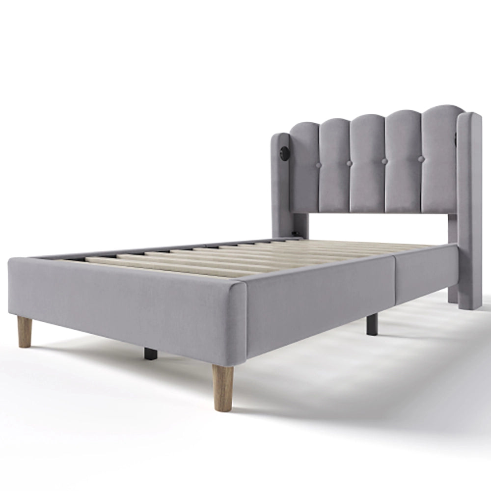 Letto singolo imbottito - Xylo - 90x200 cm - Grigio - USB Type C, telaio con rete a doghe