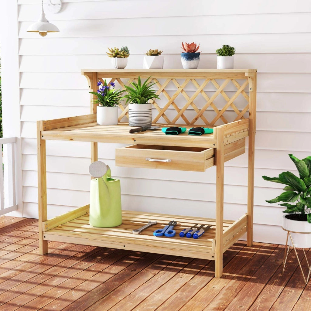 Tavolo da giardinaggio con traliccio e cassetto rimovibile, Panchina per vasi di fiori da interno ed esterno Naturale-Scaffali per piante