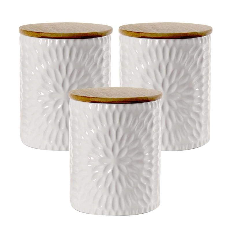 SET 3 BARATTOLI IN CERAMICA CON RILIEVO BIANCO, TAPPO IN LEGNO 13 X13 X16 CM