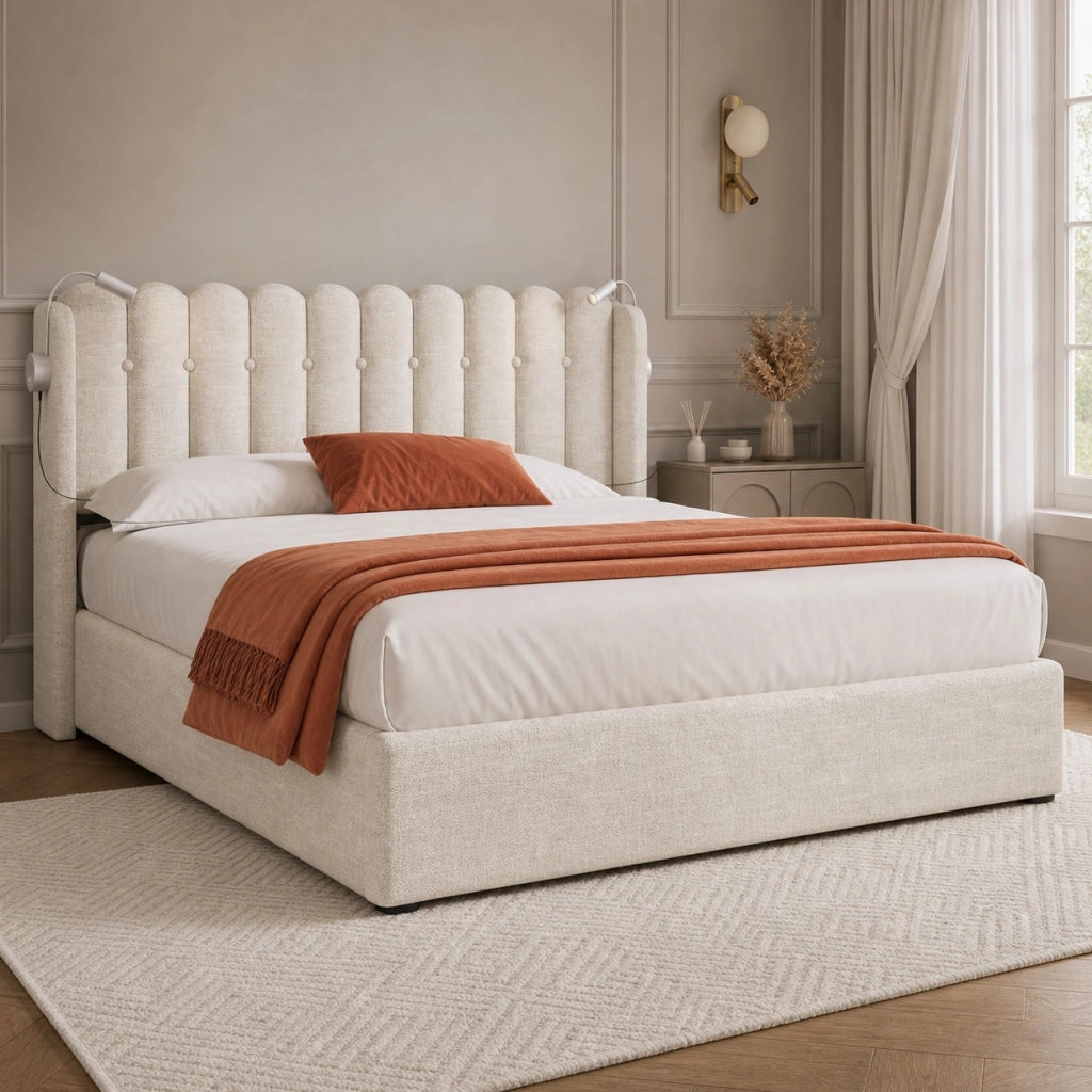 LETTO Contenitore 140x200 cm in lino naturale con luce lettura e USB