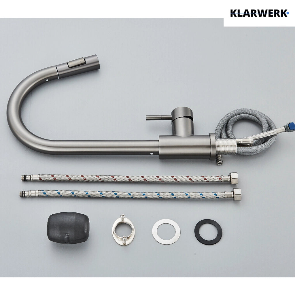 JANA | Rubinetto da cucina estensibile Premium in acciaio inox grigio titanio miscelatore arco alto | alta pressione ruotabile a 360° 2 attacchi