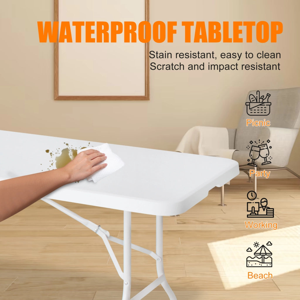 Tavolo da pranzo pieghevole con piano in plastica ad alta densità e struttura in acciaio, per interno ed esterno, bianco