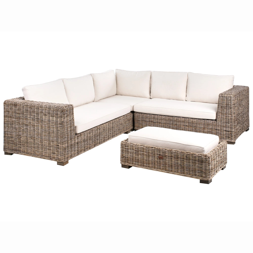 Set di divani da giardino in rattan naturale grigio a 5 posti con tavolino per ottomano e cuscini