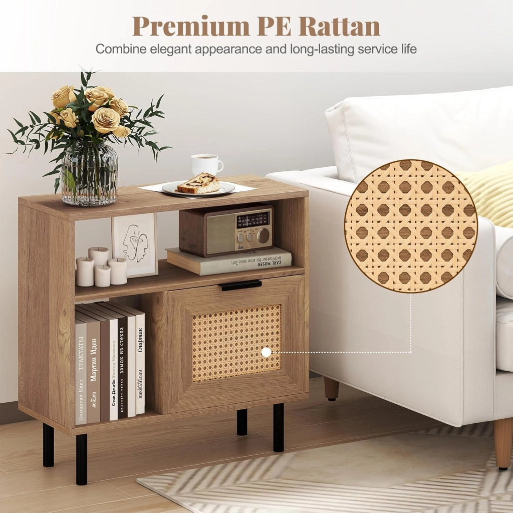 Comodino in Rattan con Conservazione, Tavolo Supplemento Stile Fattoria Moderno con Ripiani Aperti e Piedi Metallici, Notte per Camera, Soggiorno, Ufficio e Piccoli Spazi