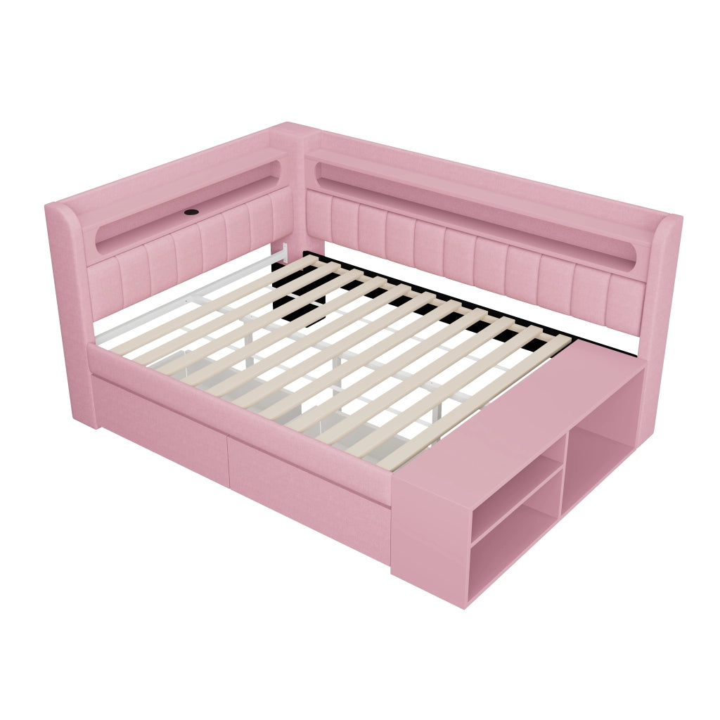 Divano letto imbottito con USB, LED, scarpiera e 2 cassetti, 90x200 cm, rosa