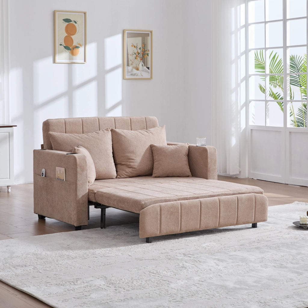 Divano letto convertibile in chenille khaki con tasca laterale e 4 cuscini per piccoli spazi