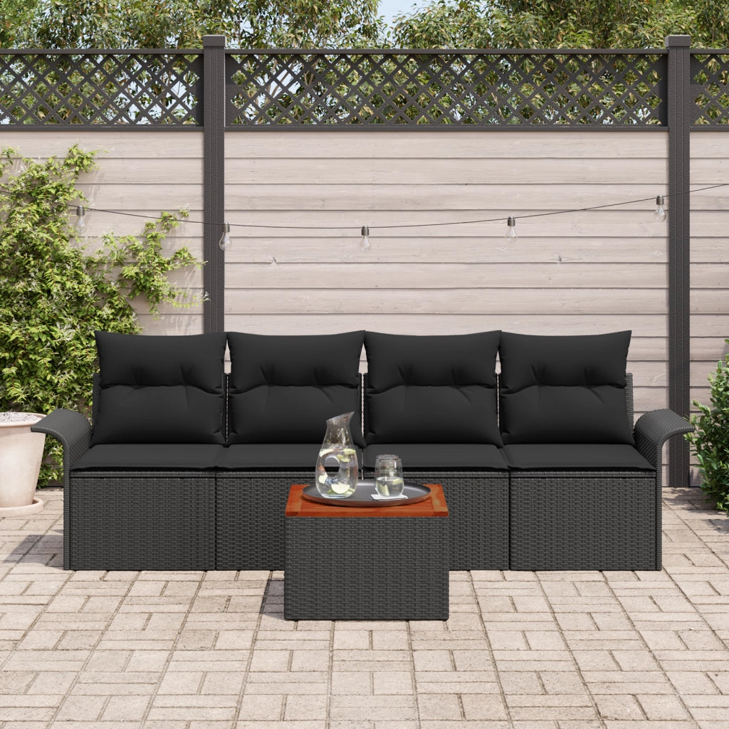 Set di divani da giardino a 5 pezzi con cuscini neri in rattan acacia