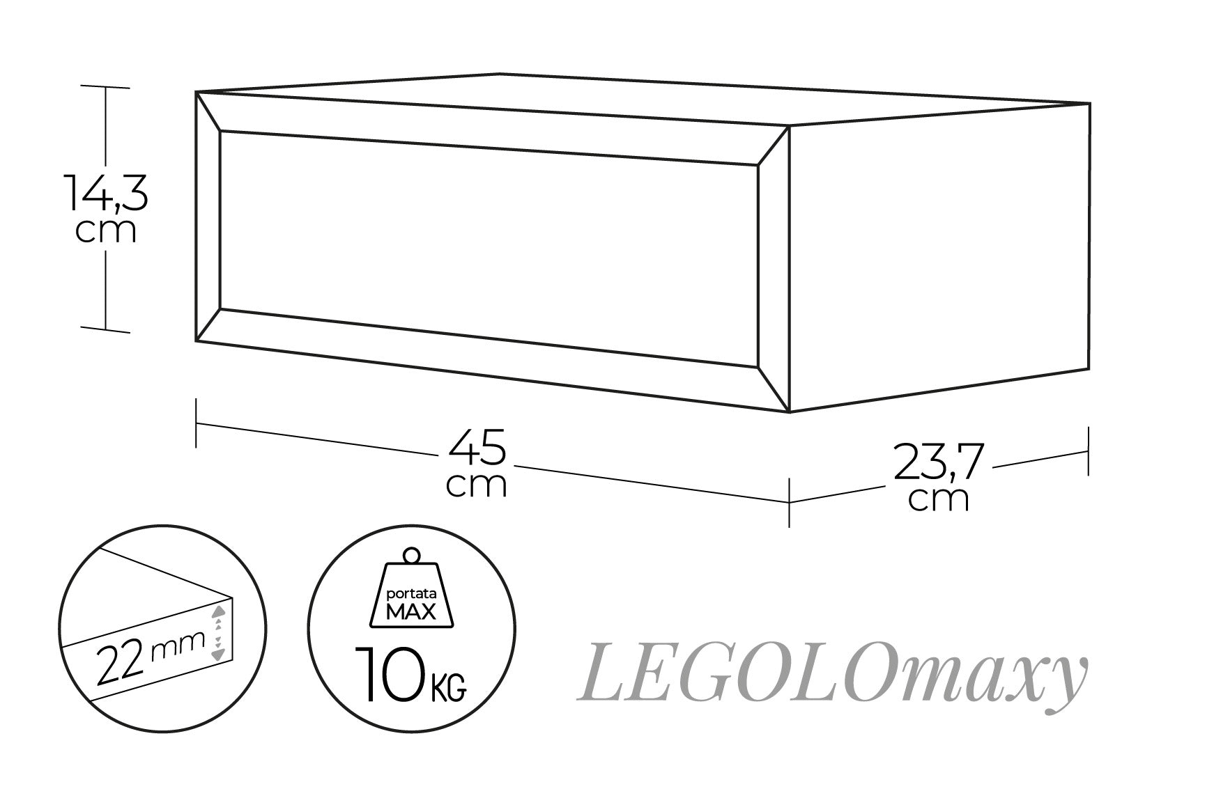 Mensola da Parete 1 Cassetto 45x13,4x23,7 cm in Fibra di Legno Lego Maxi Nero