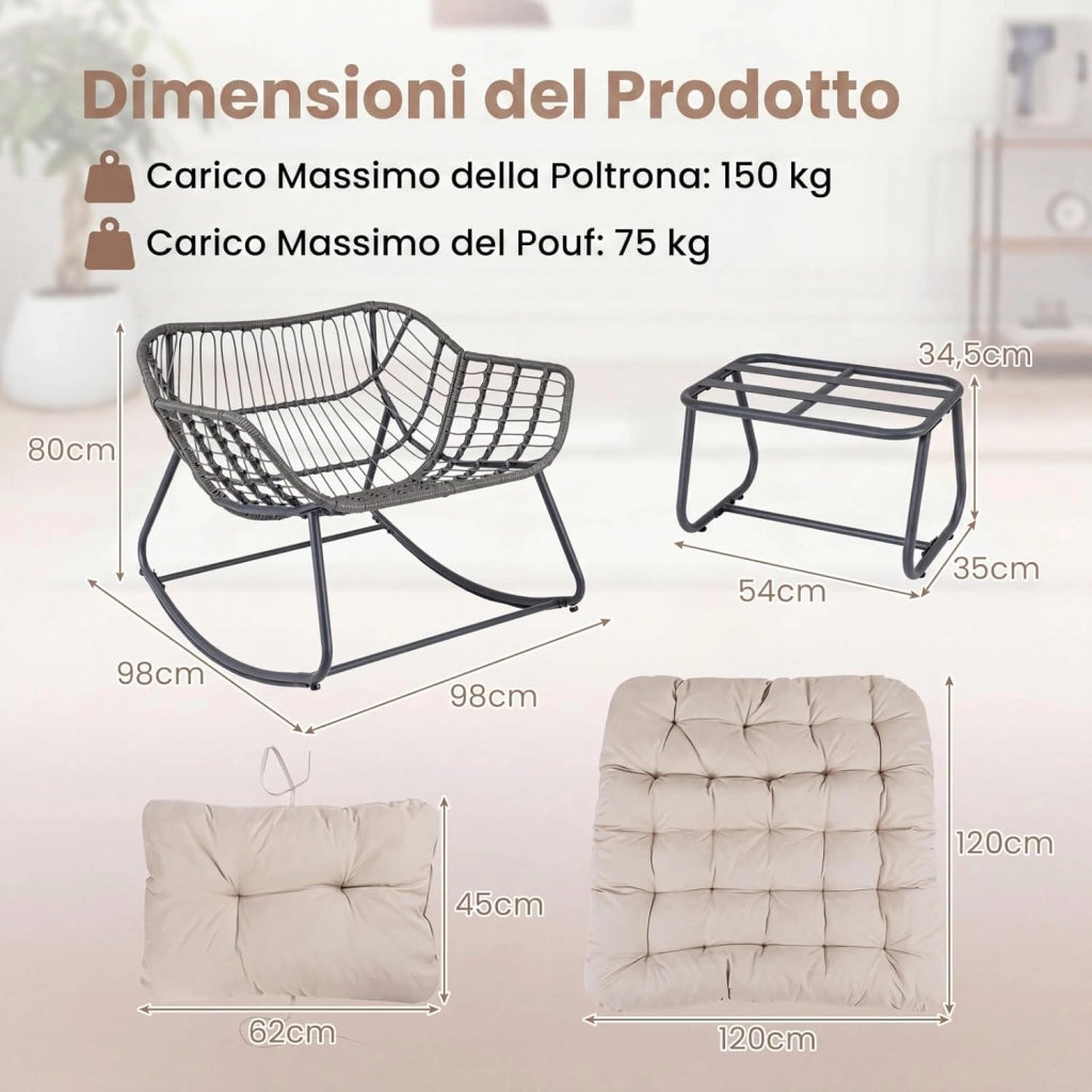 Sedia a Dondolo da Interno ed Esterno, Poltrona a Dondolo con Poggiapiedi e Cuscini Rimovibili, Poltrona Relax in Rattan con Telaio in Metallo per Soggiorno e Giardino, Portata 150 kg (Beige)