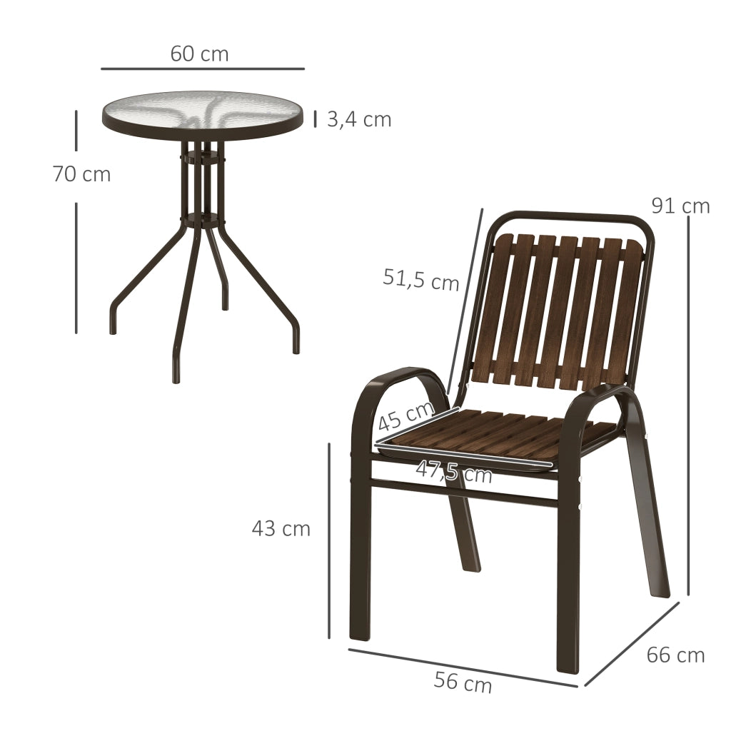 Set 3 Pezzi da Giardino Esterno ¨C Xylo ¨C 2 Sedie Impilabili + Tavolo Rotondo Vetro Temperato Balcone Terrazza