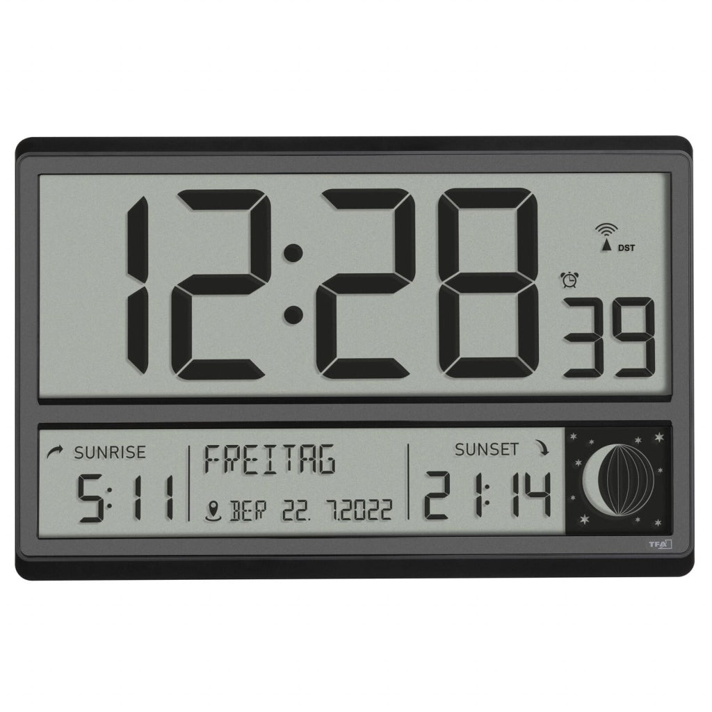 TFA-Dostmann 60.4524.01 Orologio da Parete Digitale Radiocontrollato con Display LCD Grande Fasi Lunari Alba Tramonto 158 Citta' colore Nero