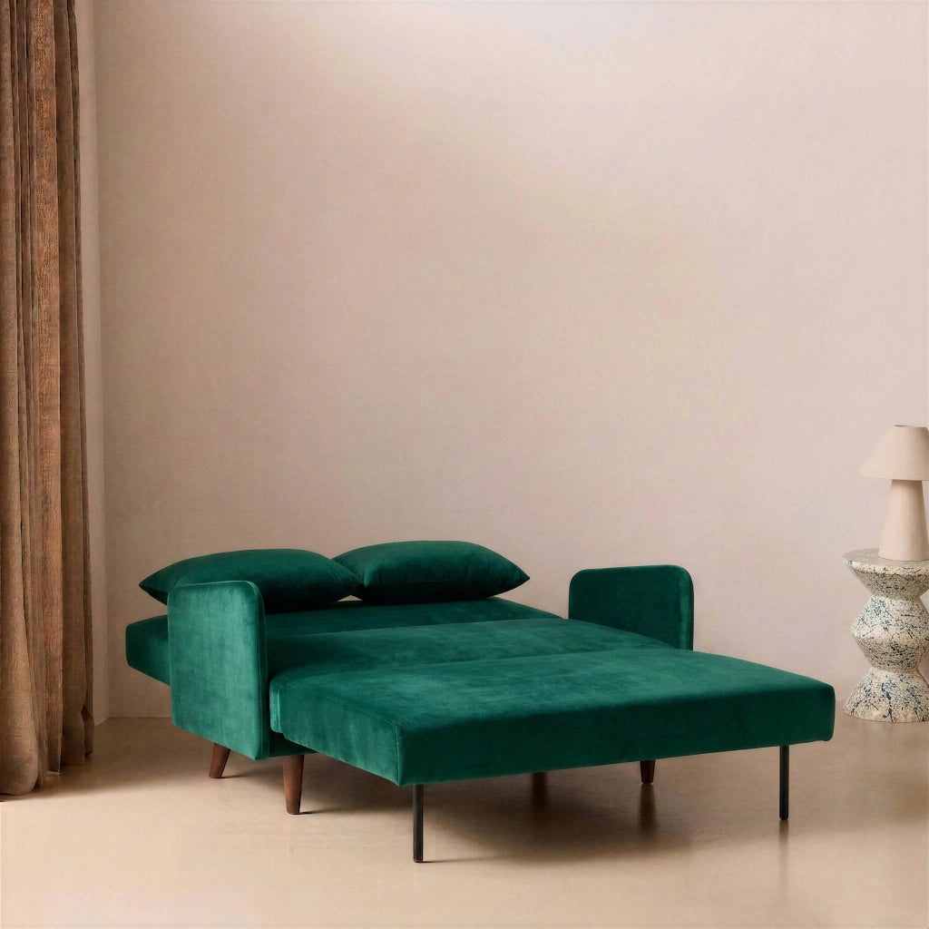 Divano letto in velluto con gambe in legno, 2 posti, verde