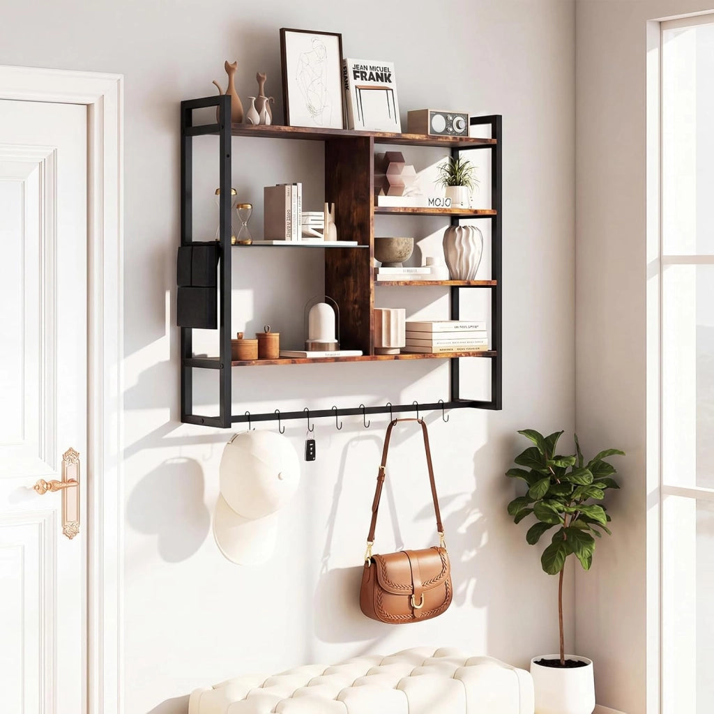 Mensola da Parete 107 cm, Scaffale a 6 Livelli con 8 Ganci a S e Tasca Laterale Rimovibile, Espositori per Bar Cucina Salotto Bagno