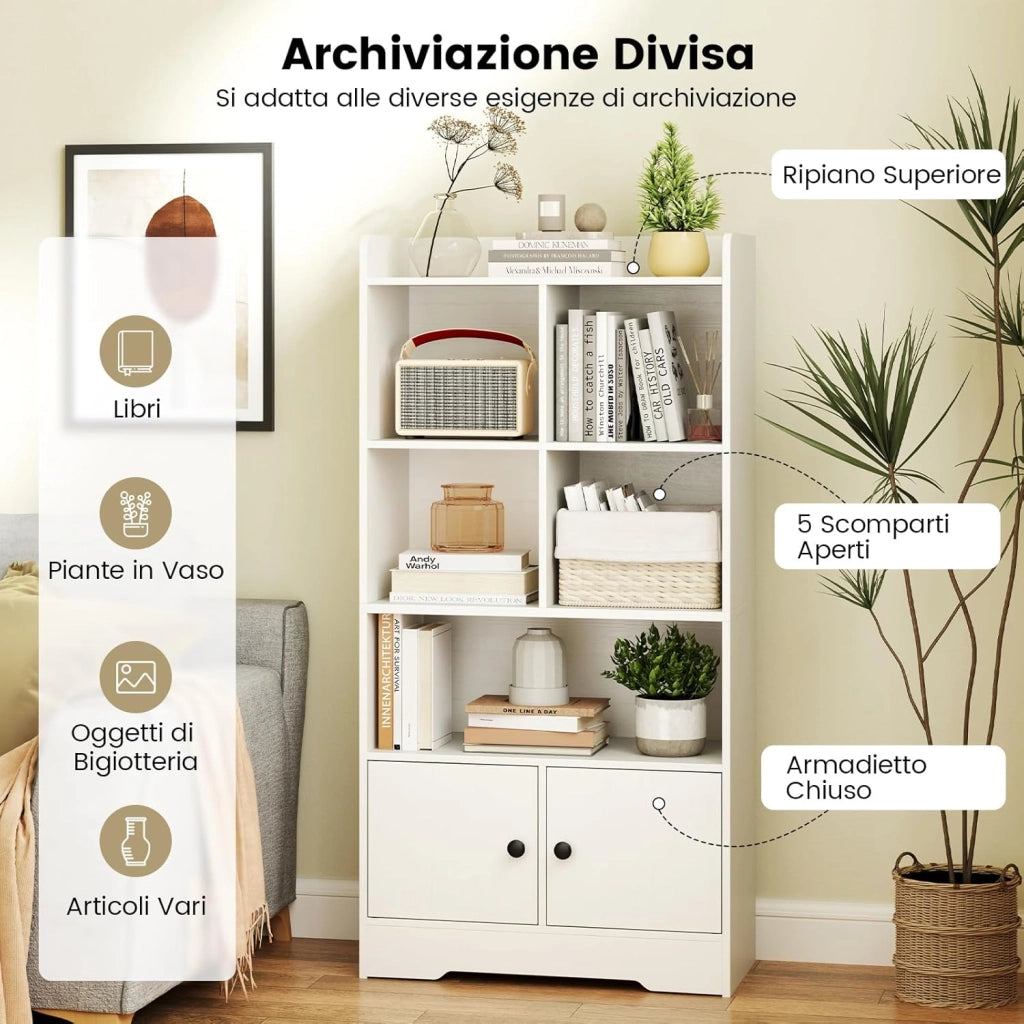 Libreria con Ante, Armadio di Stoccaggio con 5 Scomparti e 2 Armadi, Mobile Espositore Autonoma per Soggiorno Camera da Letto Studio, 60 x 29,5 x 120 cm