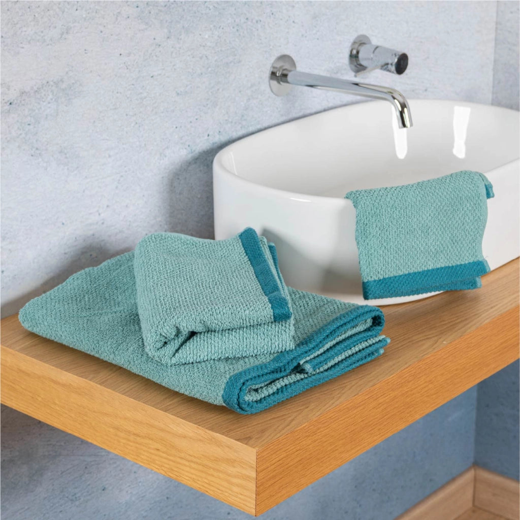 Set Asciugamani Bagno 3 Pezzi in Cotone 100% 430 GSM, Telo Doccia 70x140 cm, Asciugamano Viso 50x100 cm e Ospite 40x50 cm, Effetto Popcorn Morbido e Assorbente Opale-Petrolio