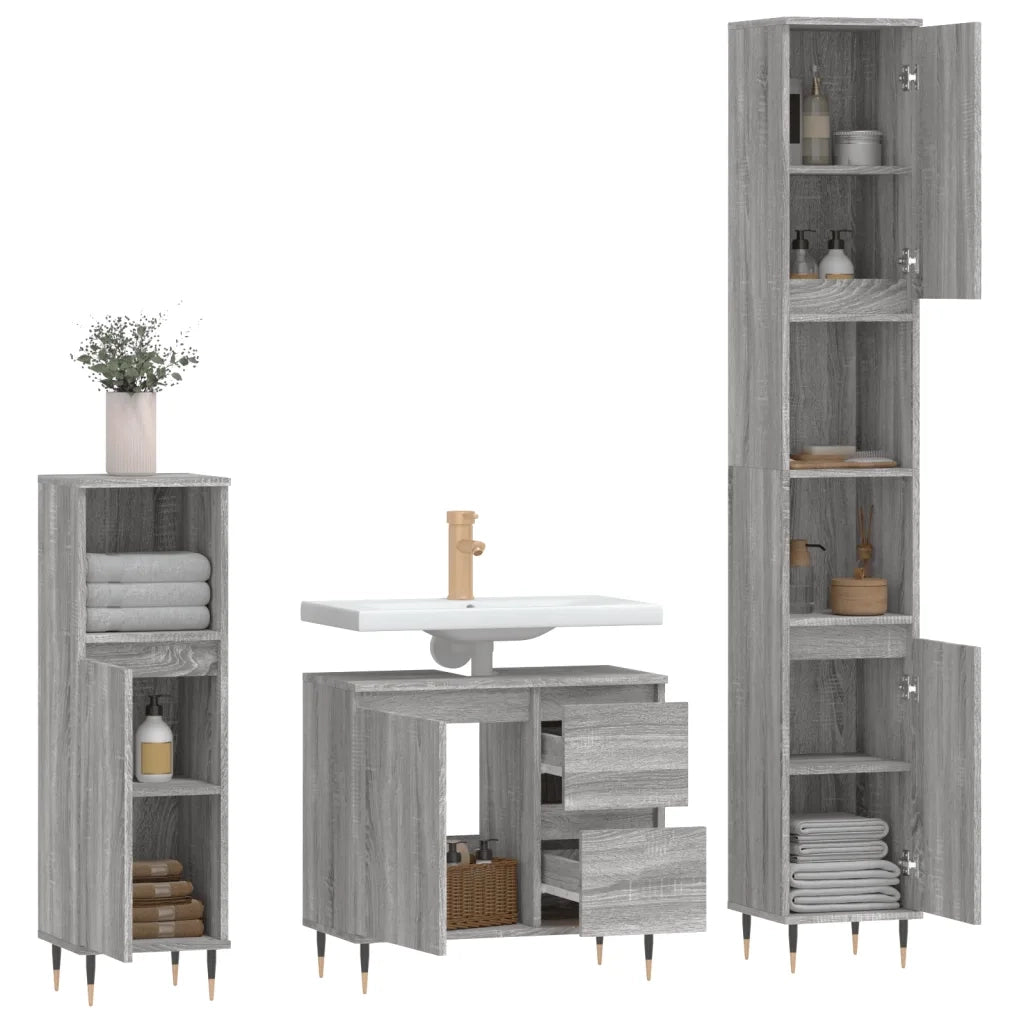 Set Mobili da Bagno 3 pz Grigio Sonoma in Legno Multistrato 3190219