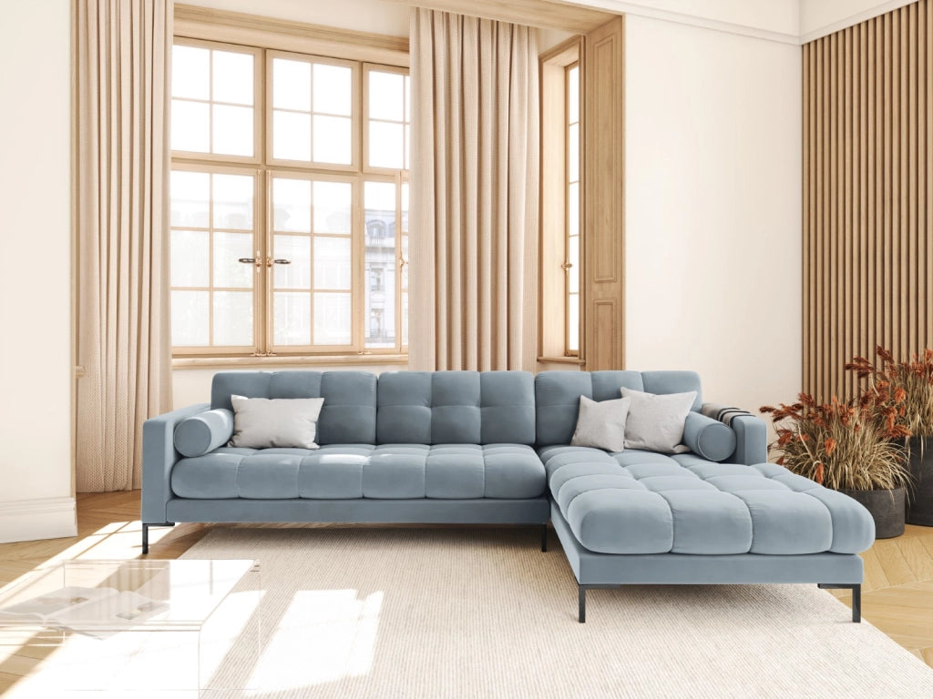 Cosmopolitan Design - Divano angolare destro "Bali" 5 posti in velluto azzurro 