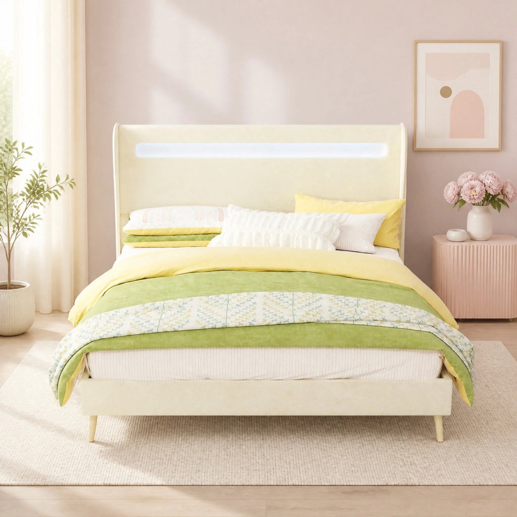 Letto imbottito con LED regolabili, 140x200 cm, tessuto e metallo, beige