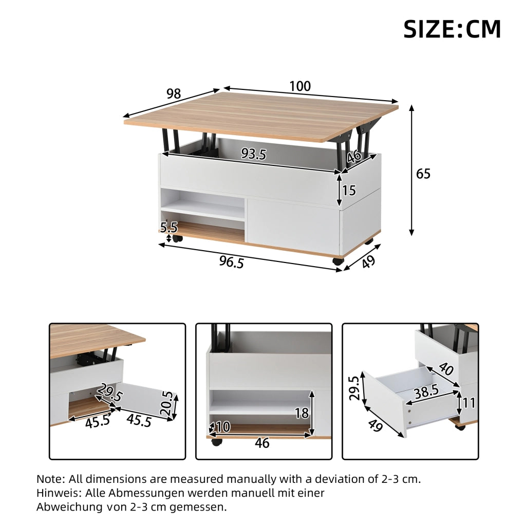 Tavolino da Salotto Sollevabile con 1 Cassetto; 1 Armadietto e 2 Ripiani; con Ruote; Stile Moderno; in Pannello Truciolare; Bianco e Legno; 100×98×65 cm