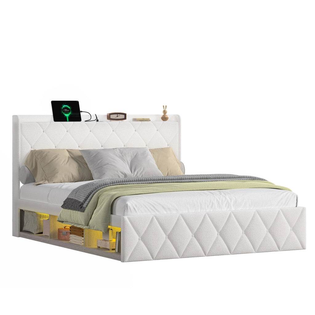 Letto 160x200 cm con ricarica USB e LED in teddy bianco