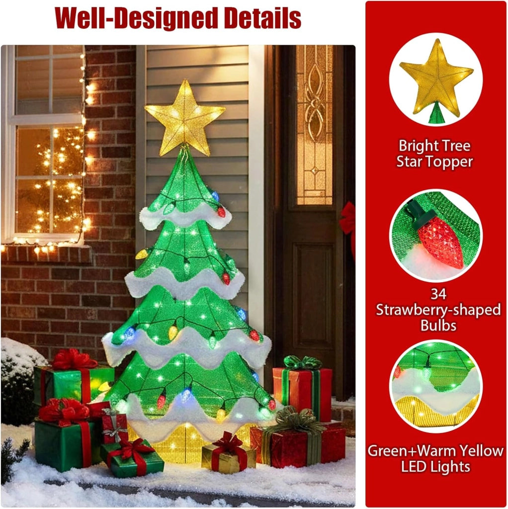 Albero di Natale, Decorazioni Natalizie 130 CM, con 146 Luci LED, 34 Forma di Fragola, Resistente alle Intemperie, Addobbi Natalizi per Esterno Interno per Casa, Giardino, Cortile