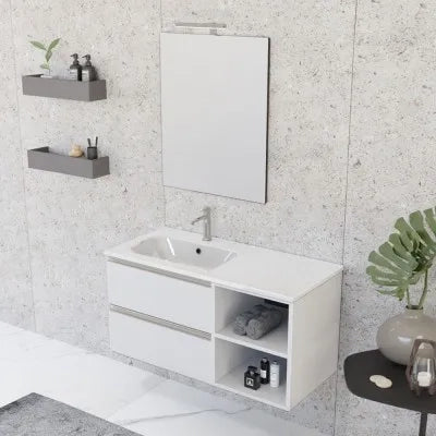 Mobile bagno sospeso 100 cm bianco opaco con cassetti e vani a giorno completo di lavabo a sinistra e specchio Master