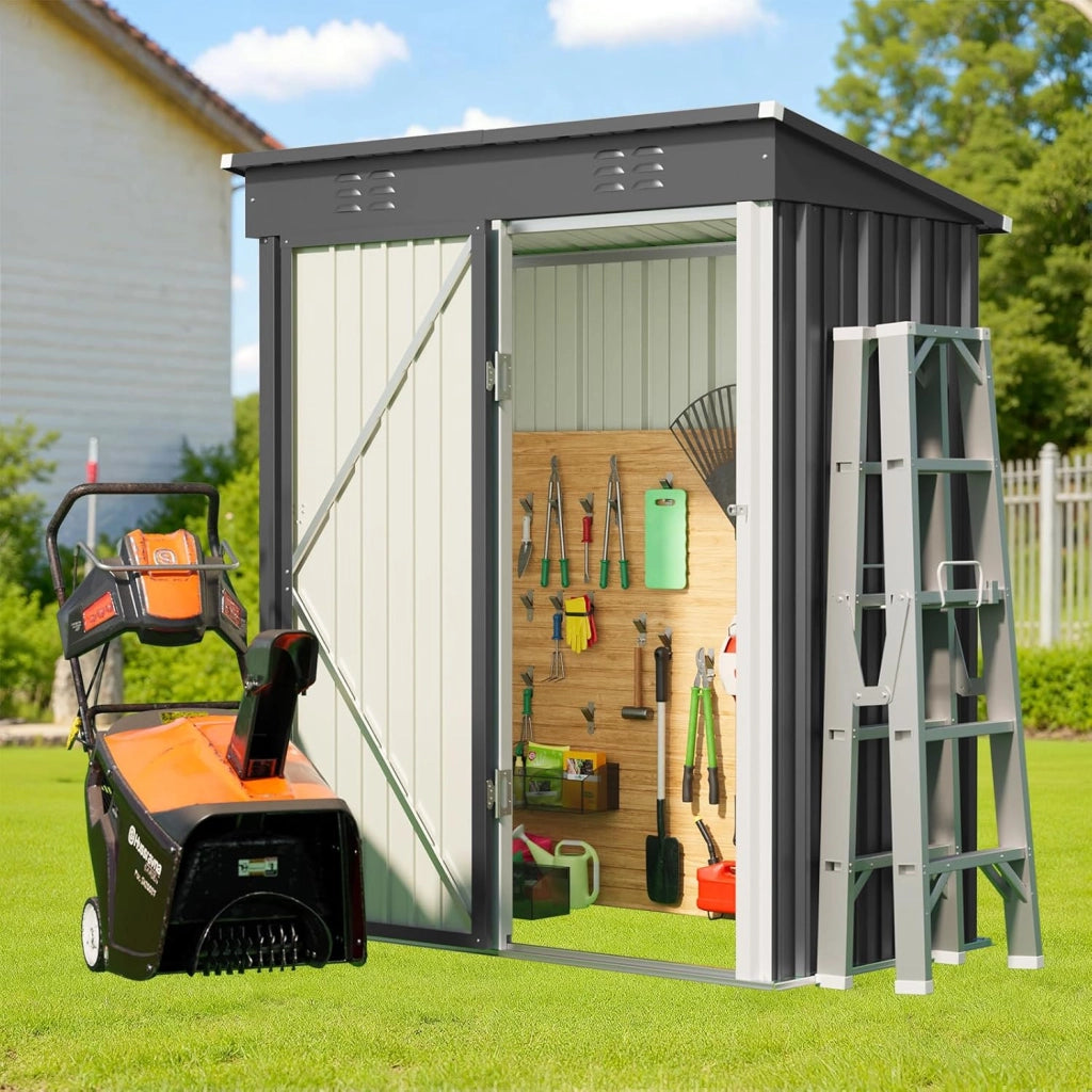Casetta per attrezzi in metallo,Capanno per Attrezzi da Giardino in Metallo con Ripiani Regolabili, Tetto Inclinato, Prese d'Aria,per Prato, Patio e Cortile161x94x182CM,Grigio