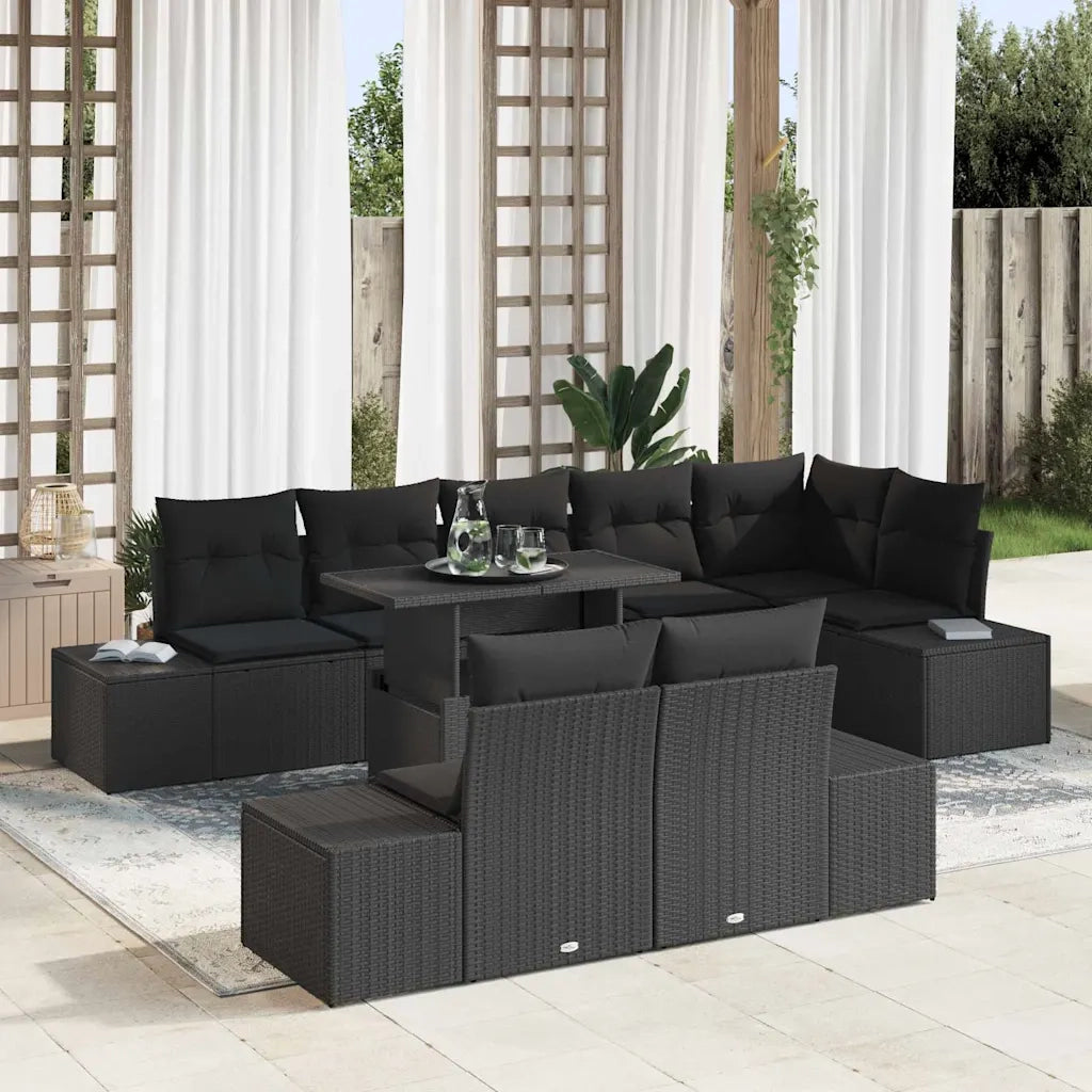 Set Divano da Giardino con cuscino 9 pcs Nero polyrattan