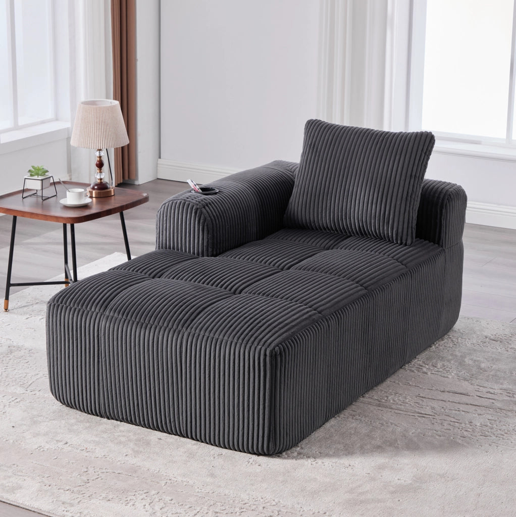 Divano compatto in corduroy con tasche laterali e portabicchieri; 158x93x61 cm; grigio scuro
