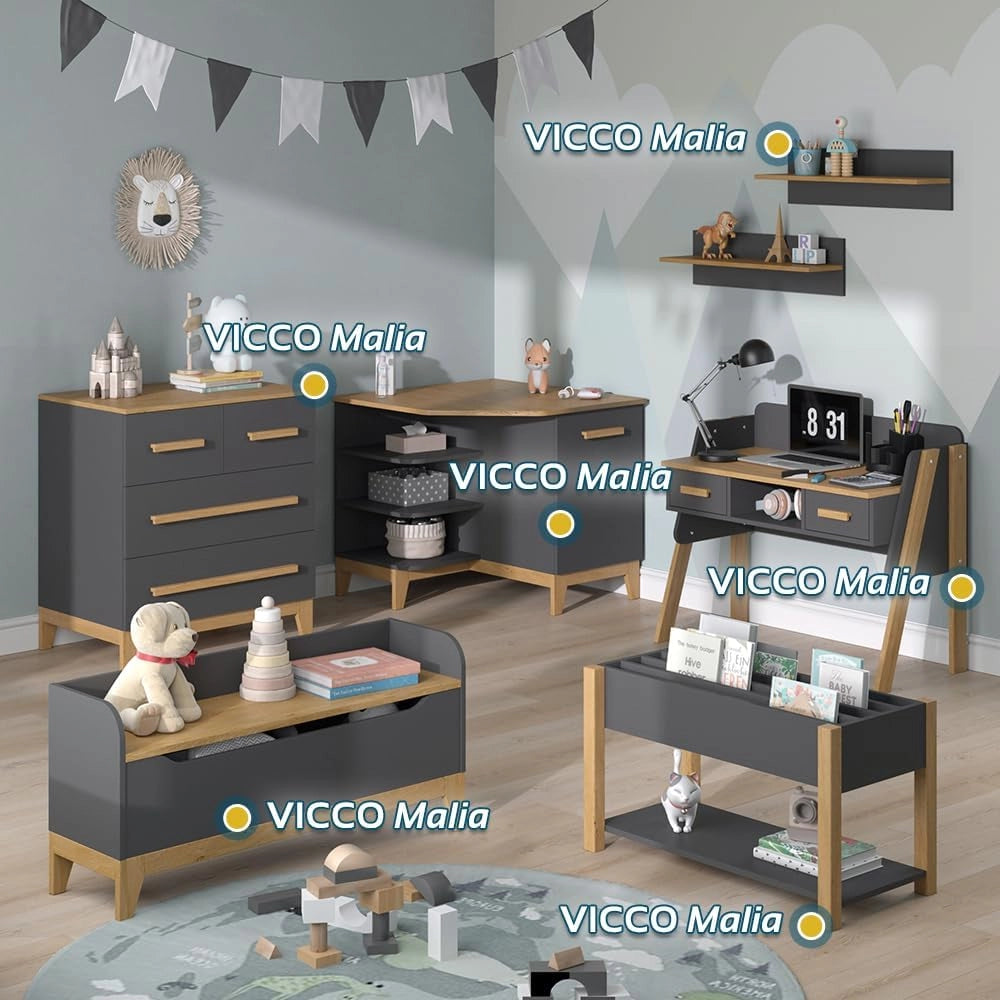 Scaffale per bambini Malia, Grigio, 80 x 46 cm, autoportante per riporre giocattoli e libri
