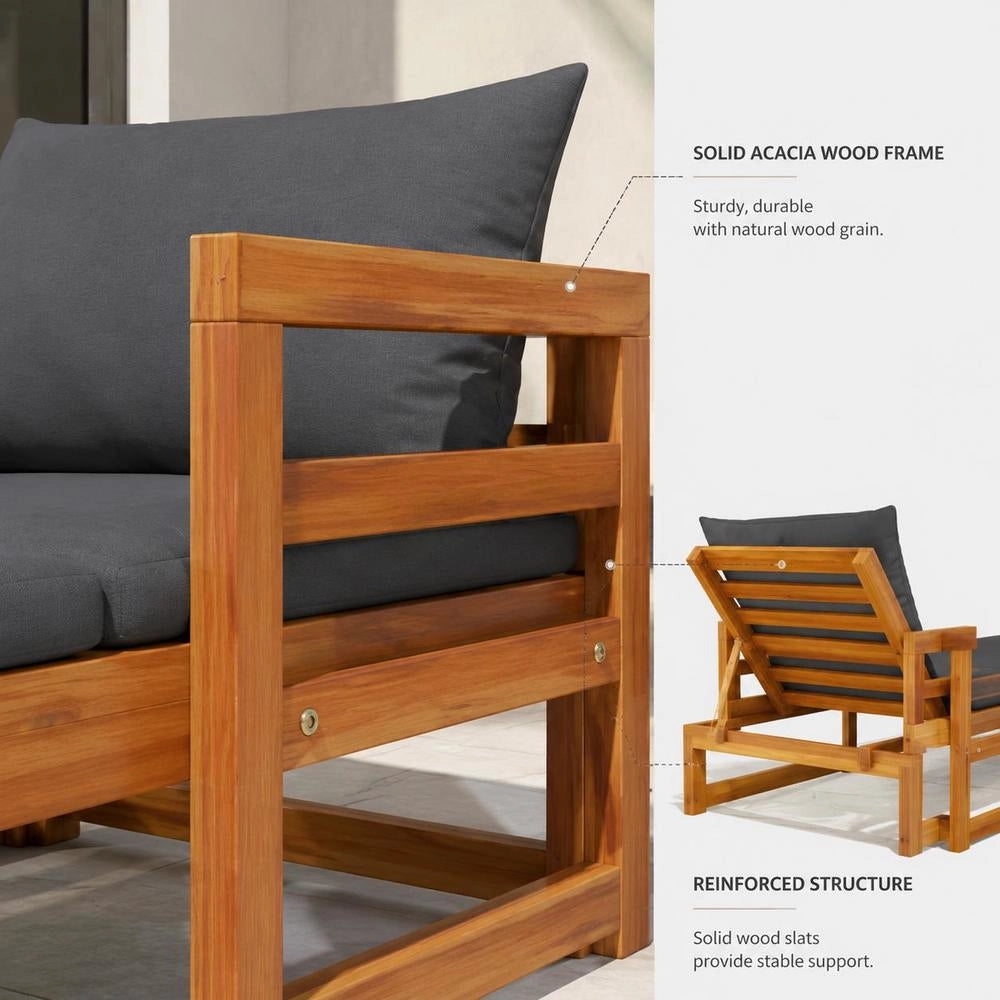Sun Lounger With Dark Grey Cushions, Solid Acacia Wood
