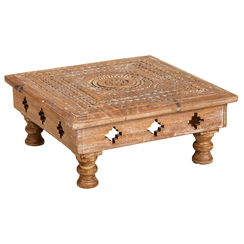 Tavolino da centro in legno intagliato finitura artigianale 33x33x14